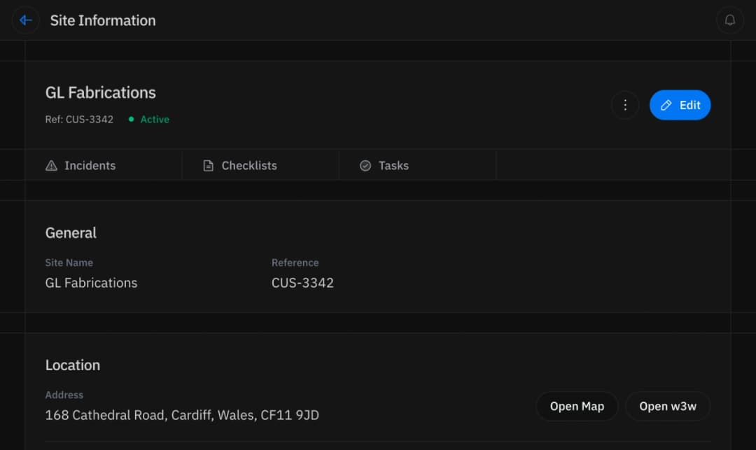 Site details with address and hazard information